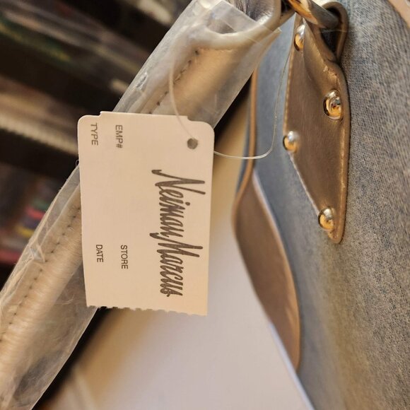 NEW Neiman Marcus  Denim Jean Blue Silver Shoulder Bag Medium Size Size Pocket - Picture 5 of 12